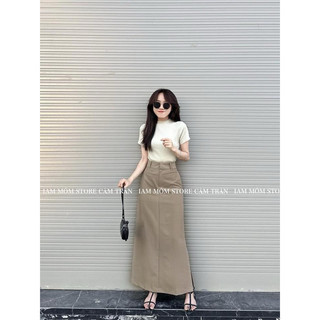 [S2.782] Set Áo Phông Cotton Mix Chân Váy Thô Kaki Nâu Dáng Dài Cá Tính