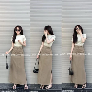 Set Áo Phông Cotton Mix Chân Váy Thô Kaki Nâu Dáng Dài Cá Tính