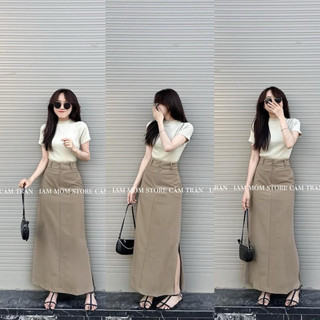 [S2.782] Set Áo Phông Cotton Mix Chân Váy Thô Kaki Nâu Dáng Dài Cá Tính