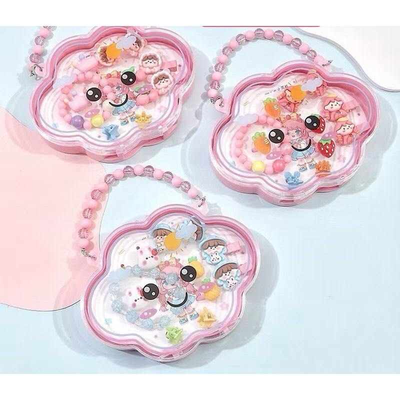 1 Bộ Phụ Kiện Kẹp Tóc/Kẹp Tóc/Dây Chuyền/Vòng Cổ Phong Cách Hoạt Hình Bằng Nhựa Màu Hồng Dễ Thương Dành Cho Bé Gái