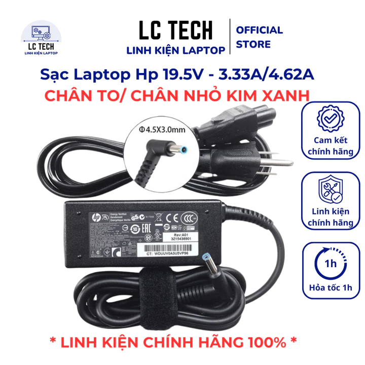 Sạc ZIN Laptop HP 19.5V 3.33A/4.62A 65W/90W Chân Kim Xanh Nhỏ - Sạc Zin Laptop HP Pavilion Chromebook Stream Spectre Zin