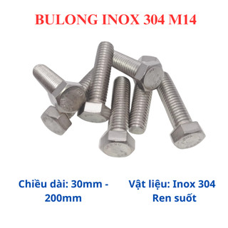 Set 5 bộ (bulong + tán) Bulong inox 304 M14 dài 30mm - 1200mm. Bulong lục giác ngoài inox 304 14 li.