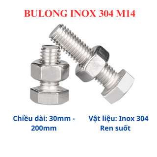 Set 5 bộ (bulong + tán) Bulong inox 304 M14 dài 30mm - 1200mm. Bulong lục giác ngoài inox 304 14 li.