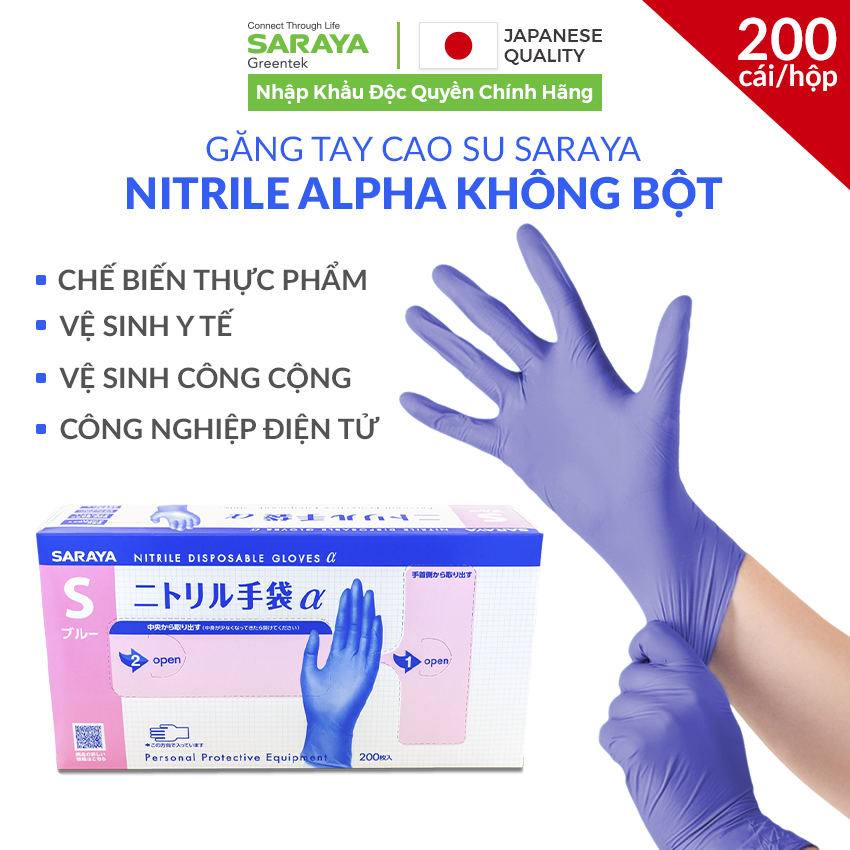 Ảnh Găng tay cao su Saraya Nitrile Alpha, Không Bột, Màu Xanh Tím, dùng trong thực phẩm, vệ sinh y tế - 200 Chiếc/Hộp 2
