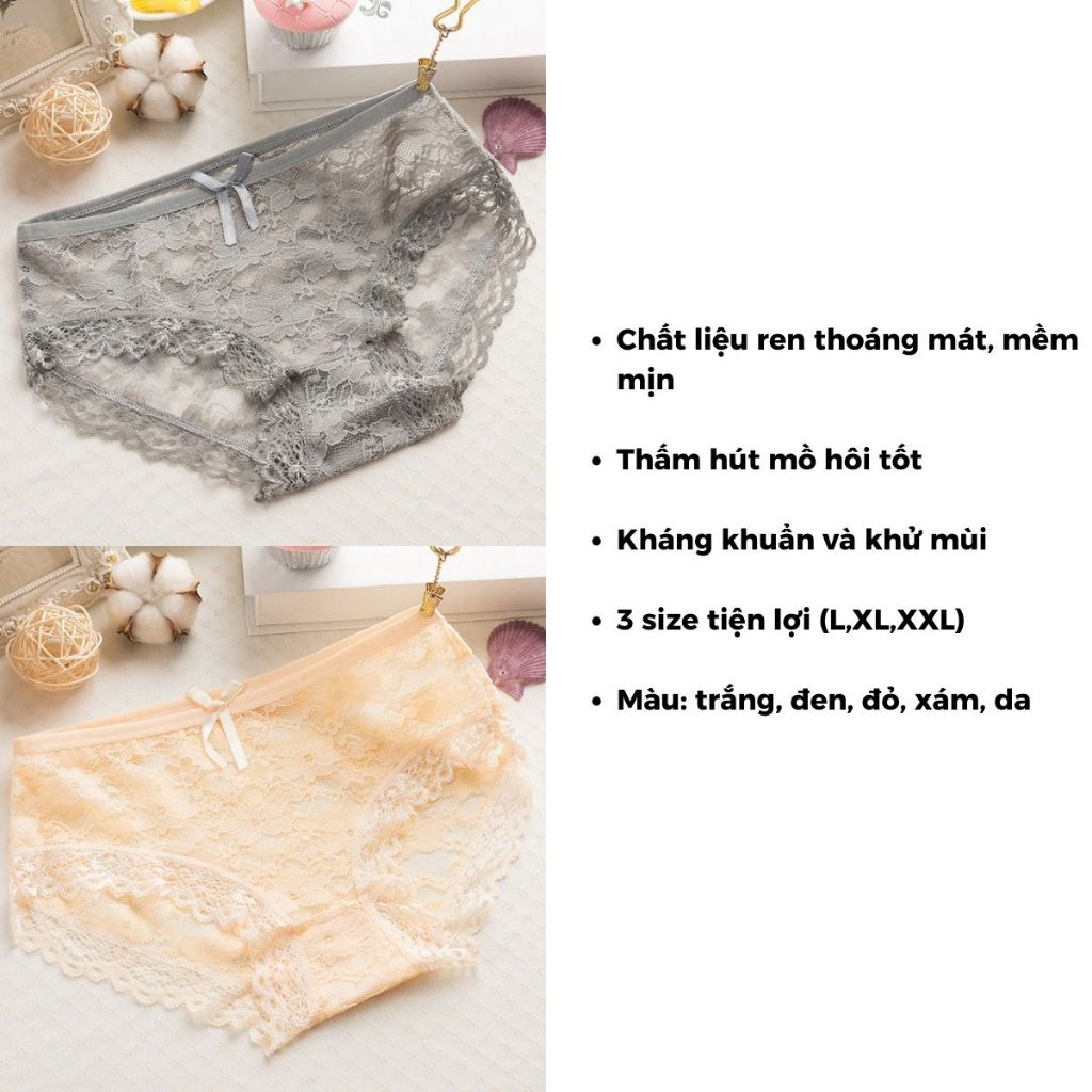 Quần lót nữ ren xuyên thấu gợi cảm đáy lót cotton thoáng mát kháng khuẩn hoạ tiết hoa LANIXA L104