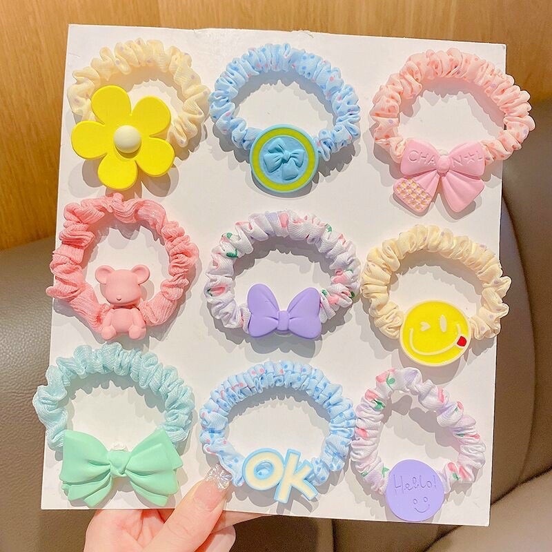 Set 5 Dây Cột Tóc Nhún Co Giãn Đính Charm Nhiều Màu Sắc Xinh Xắn Phụ Kiện Tóc Cho Nữ Và Bé Gái