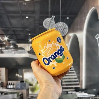 Cốc gốm sứ hình lon nước có nắp  đậy và ống hút thủy tinh dung tích 420ml