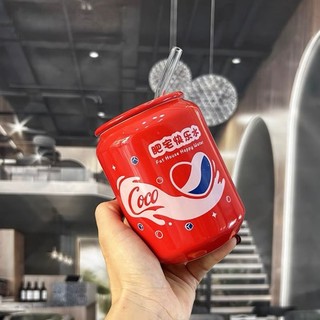 Cốc gốm sứ hình lon nước có nắp  đậy và ống hút thủy tinh dung tích 420ml