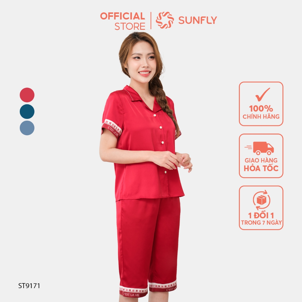 Ảnh Bộ pijamas nữ SUNFLY chất lụa satin màu dáng áo cộc quần ngố ST9171 1
