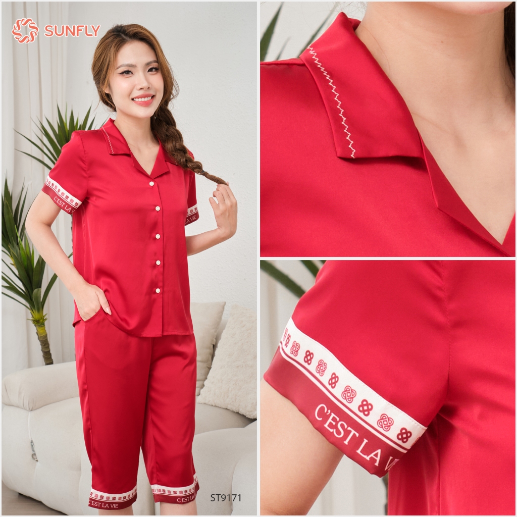 Ảnh Bộ pijamas nữ SUNFLY chất lụa satin màu dáng áo cộc quần ngố ST9171 4