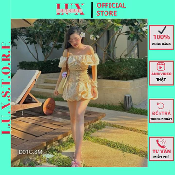 Váy hoa nhí - Váy trễ vai hoa nhí hồng thân chun đính nơ gấu bồng LUX STORE134