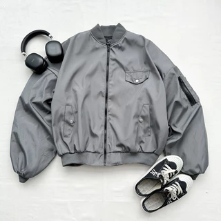 Áo Bomber Jacket Tay nhún BOMBER ZIP BOXY - Áo khoác Dù TANU tay nhún cánh dơi form rộng nam nữ unisex màu XÁM CHÌ/ĐEN 🖤