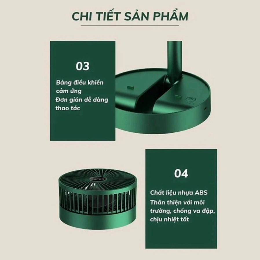 Gió Dung Lượng Pin 1200mAh Xoay 360 Độ Cổng Sạc USB Tiện DụngQuạt Mini Tích Điện Để Bàn Super Fan Gấp Gọn 3 Tốc Độ