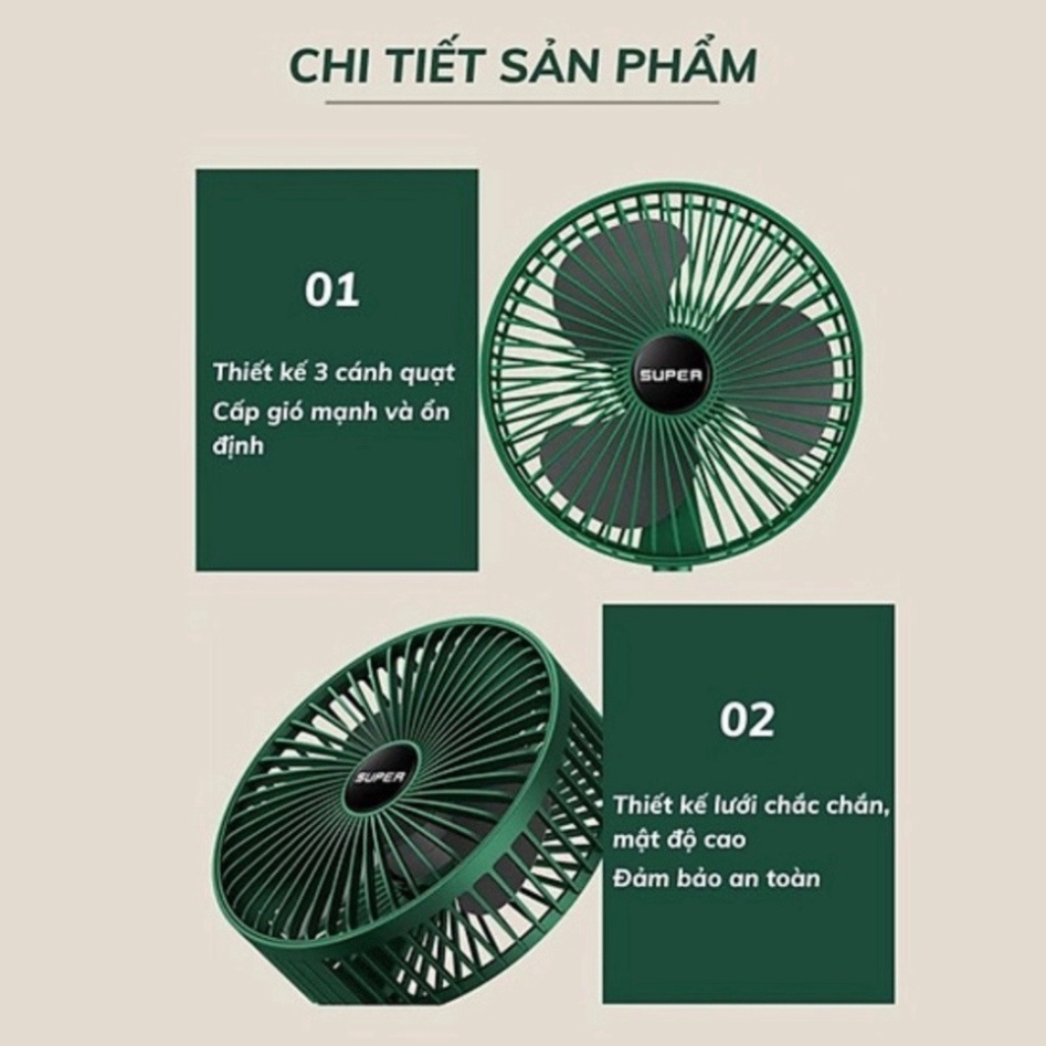 Gió Dung Lượng Pin 1200mAh Xoay 360 Độ Cổng Sạc USB Tiện DụngQuạt Mini Tích Điện Để Bàn Super Fan Gấp Gọn 3 Tốc Độ