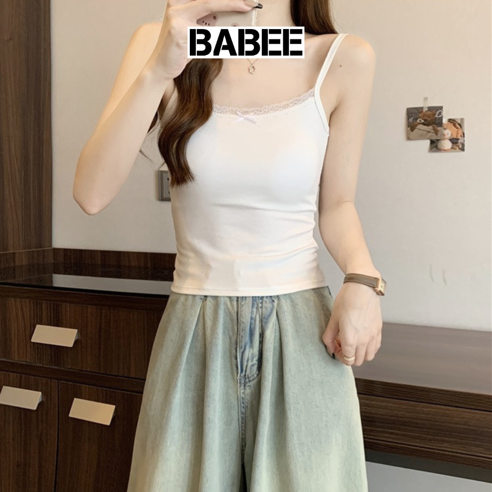Áo Hai Dây Nữ BABEE Viền Ren Ngực Phối Nơ Ôm Dáng Thoải Mái Quyến Rũ Phong Cách Hàn Quốc