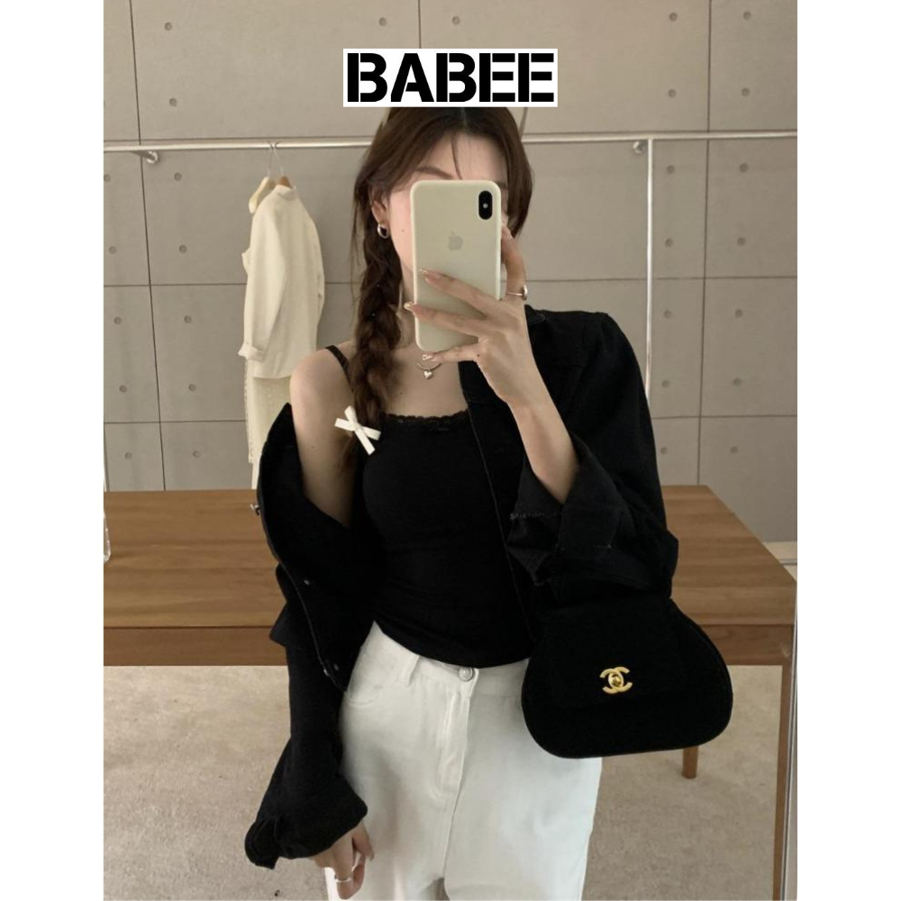 Áo Hai Dây Nữ BABEE Viền Ren Ngực Phối Nơ Ôm Dáng Thoải Mái Quyến Rũ Phong Cách Hàn Quốc