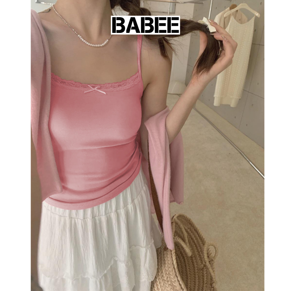 Áo Hai Dây Nữ BABEE Viền Ren Ngực Phối Nơ Ôm Dáng Thoải Mái Quyến Rũ Phong Cách Hàn Quốc