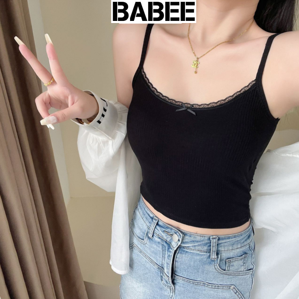 Áo Hai Dây Nữ BABEE Viền Ren Ngực Phối Nơ Ôm Dáng Thoải Mái Quyến Rũ Phong Cách Hàn Quốc