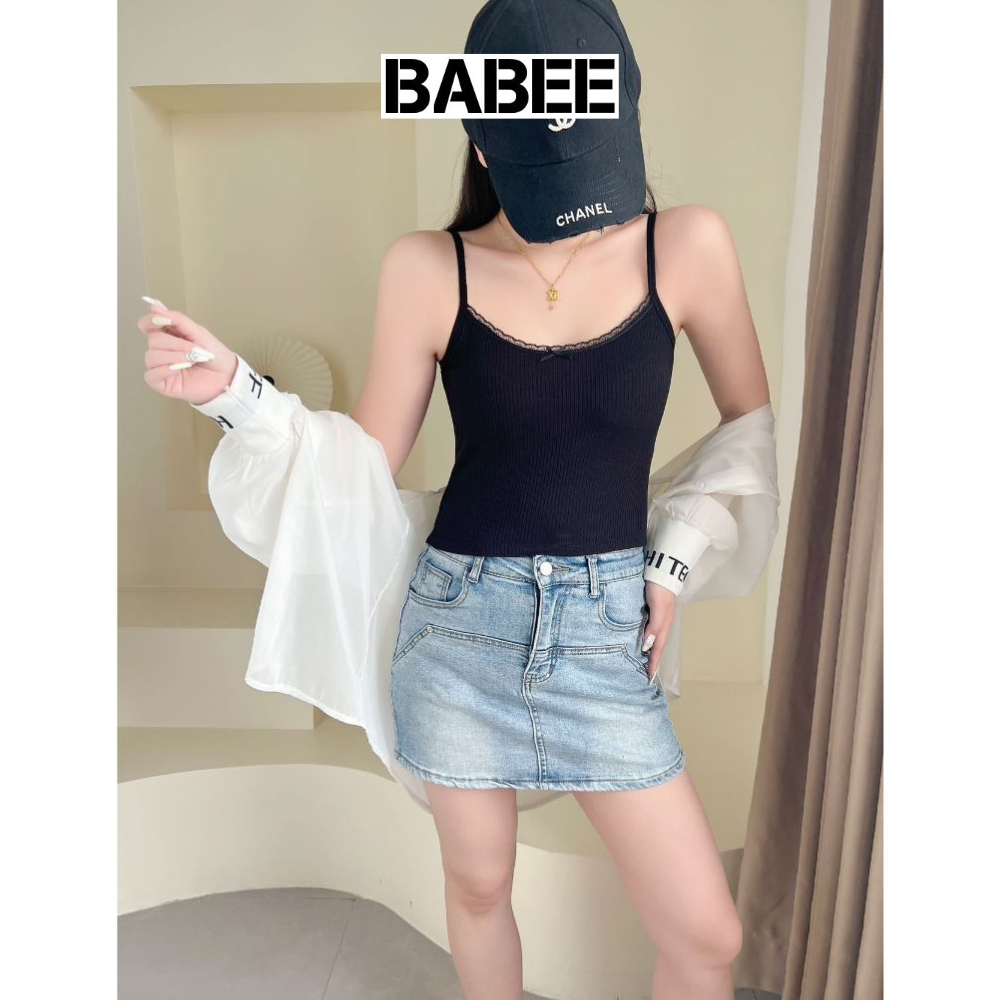 Áo Hai Dây Nữ BABEE Viền Ren Ngực Phối Nơ Ôm Dáng Thoải Mái Quyến Rũ Phong Cách Hàn Quốc