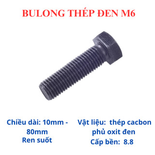 Bulong lục giác ngoài thép đen M6 đủ size từ 10mm - 80mm. Bulong lục giác 6 li.(túi 10 con bulong)