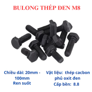 Bulong lục giác ngoài thép đen M8 đủ size từ 20mm - 100mm. Bulong lục giác 8 li.(túi 5 con bulong)