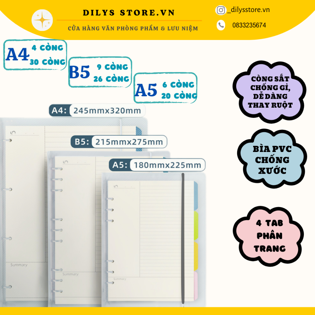 Sổ còng Binder DILYS A4 B5 A5 binder còng sắt làm sổ tay, take notes 4 ...