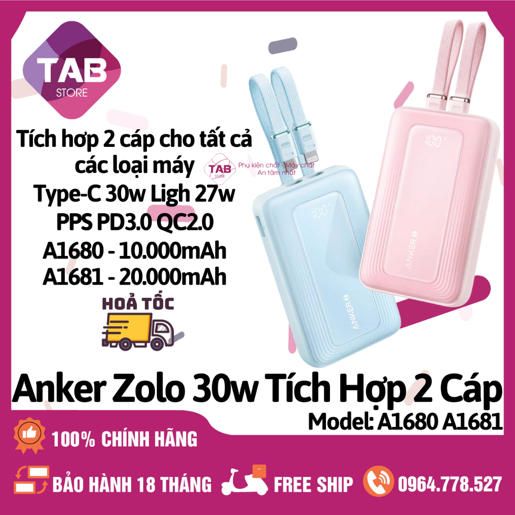 Sạc Dự Phòng Anker ZOLO 30w 10.000mAh 20.000mAh Tích Hợp 2 Cáp - A1680 ...