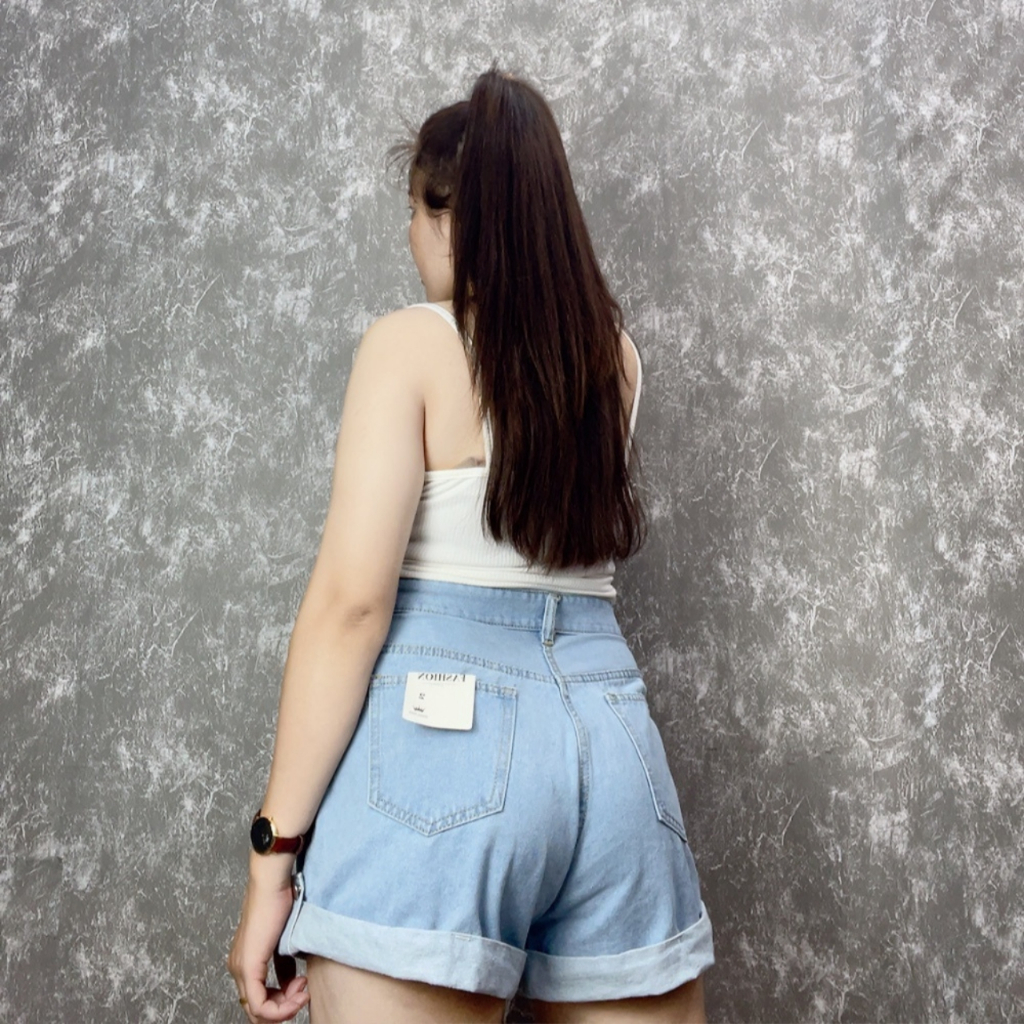 Quần Short Jean Nữ Bigsize , Quần Đùi Lật Lại Lưng Cao Ống Rộng Không Giãn Phom Đứng  60kg-90kg Mã J2