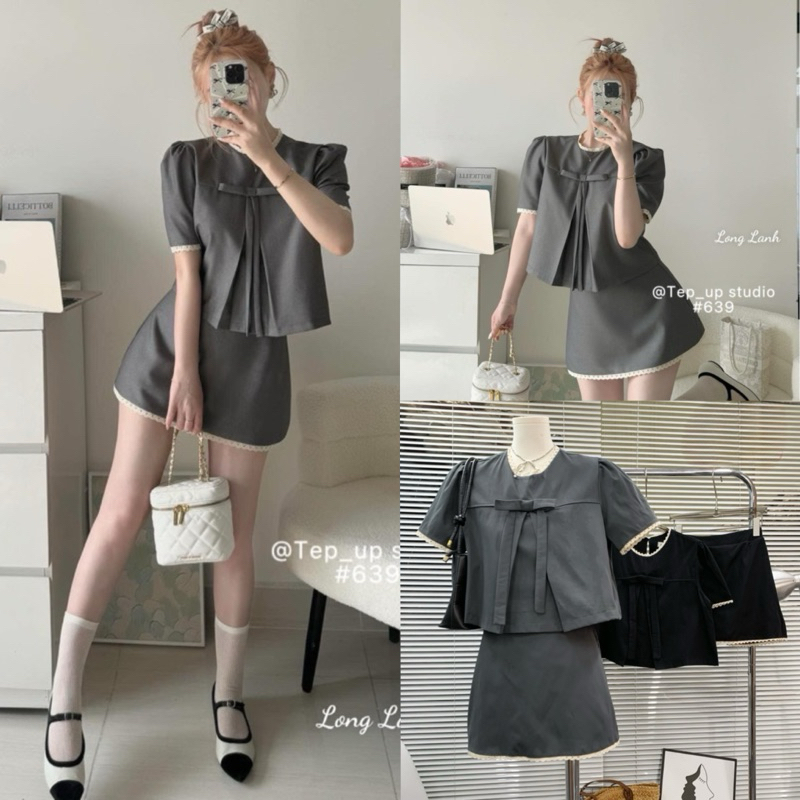 Limex Set - Áo Tay Ngắn Cổ Tròn Đính Kết & Chân Váy Ôm Ngắn