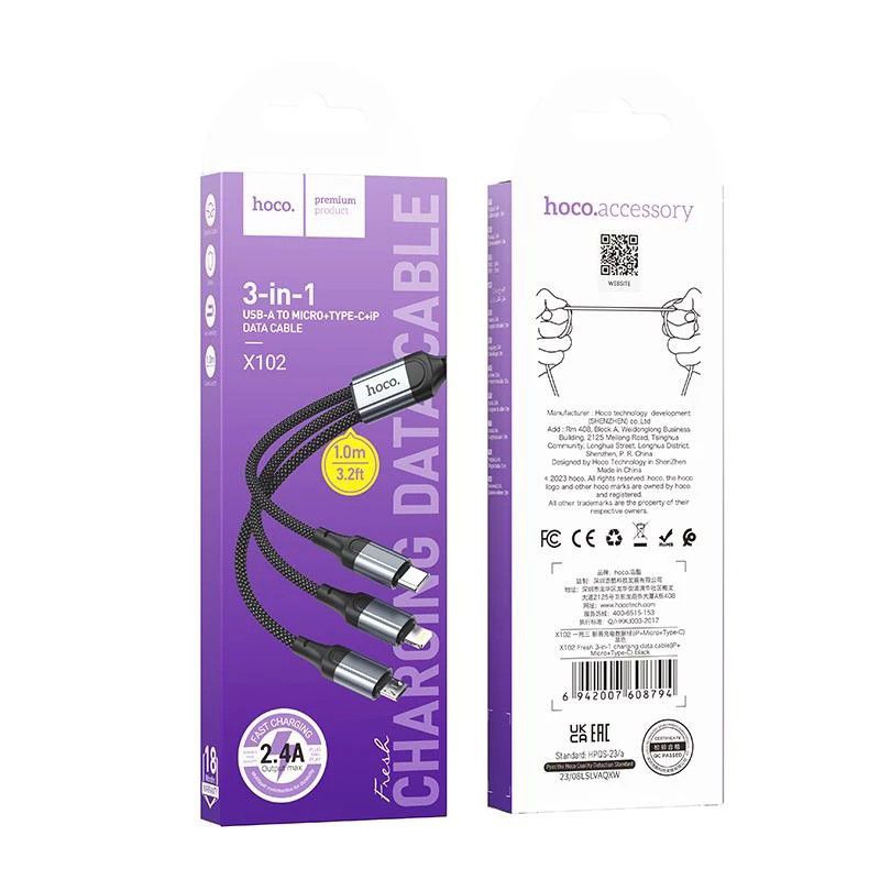 Cáp sạc Hoco X102 3 đầu đa năng,dây sạc phù hợp cho mọi loại máy.