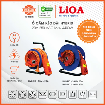 Ổ Cắm Kéo Dài Hybrid Socket Hãng LiOA, Chống Quá Tải Bằng CB, Dây Dài 15m 20m 30m, Công Suất Max 4400W, 4 Ổ Cắm. BH 10y
