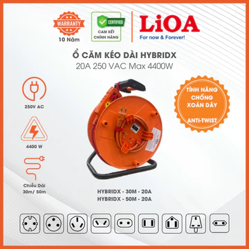 Ổ Cắm Kéo Dài Chống Xoắn Dây Hybridx Hãng LiOA, Chống Quá Tải Bằng CB, Dây Dài 30m 50m, Công Suất Max 4400W, 4 Ổ Cắm.