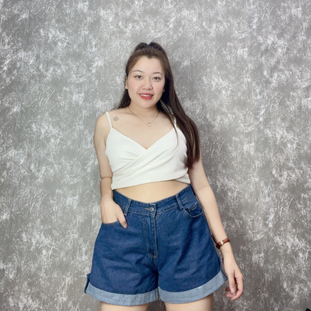 Quần Short Jean Nữ Bigsize , Quần Đùi Lật Lại Lưng Cao Ống Rộng Không Giãn Phom Đứng  60kg-90kg Mã J2