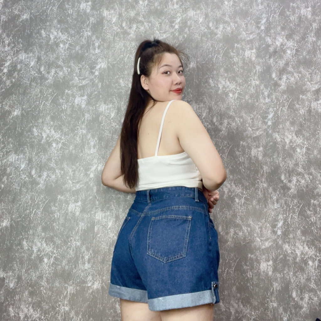 Quần Short Jean Nữ Bigsize , Quần Đùi Lật Lại Lưng Cao Ống Rộng Không Giãn Phom Đứng  60kg-90kg Mã J2