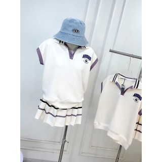 Set Bộ Đồ Nữ Mì Hàn Das Kem Viền Tím Áo Polo Tay Hến Phối Viền Màu Mix Chân Váy Xếp Ly Lé Viền Freesize