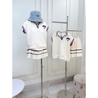 Set Bộ Đồ Nữ Mì Hàn Das Kem Viền Tím Áo Polo Tay Hến Phối Viền Màu Mix Chân Váy Xếp Ly Lé Viền Freesize