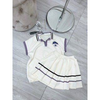 Set Bộ Đồ Nữ Mì Hàn Das Kem Viền Tím Áo Polo Tay Hến Phối Viền Màu Mix Chân Váy Xếp Ly Lé Viền Freesize