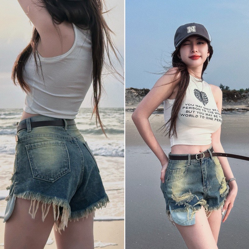 Quần short jean nữ rách lộ túi lưng cao siêu vip | Shopee Việt Nam