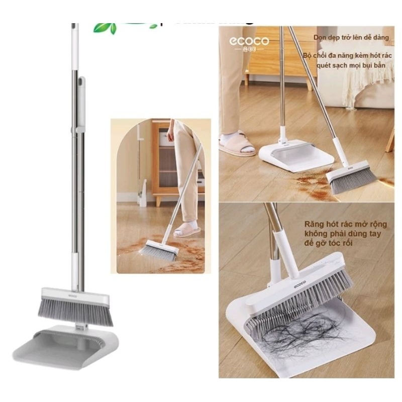 Bộ chổi quét nhà ECOCO kèm hót rác gấp gọn cán dài thông minh, xoay 360 ...