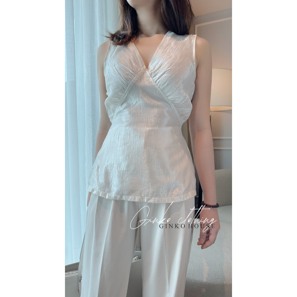 GINKO CLOTHING_Áo tơ bóng nhăn họa tiết giản di cực xinh phong cách HÀN QUỐC CAO CẤP'_A2401