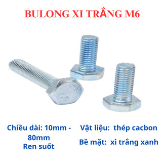 Bulong xi trắng M6 (6 li) đầu lục giác ngoài size 10mm - 80mm (túi 50 con bulong + 50 con tán)