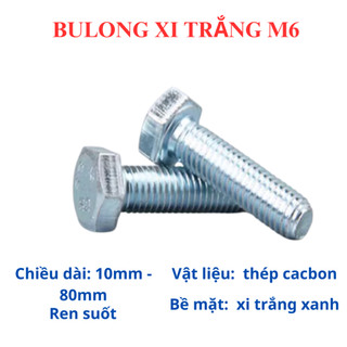 Bulong xi trắng M6 (6 li) đầu lục giác ngoài size 10mm - 80mm (túi 50 con bulong + 50 con tán)