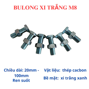 Bulong Mạ Kẽm Xi Trắng Cấp Bền 8.8 Size M8 (8 Ly) - Lục Giác Ngoài Chịu Lực Cao - Đủ Size 20mm đến 100mm