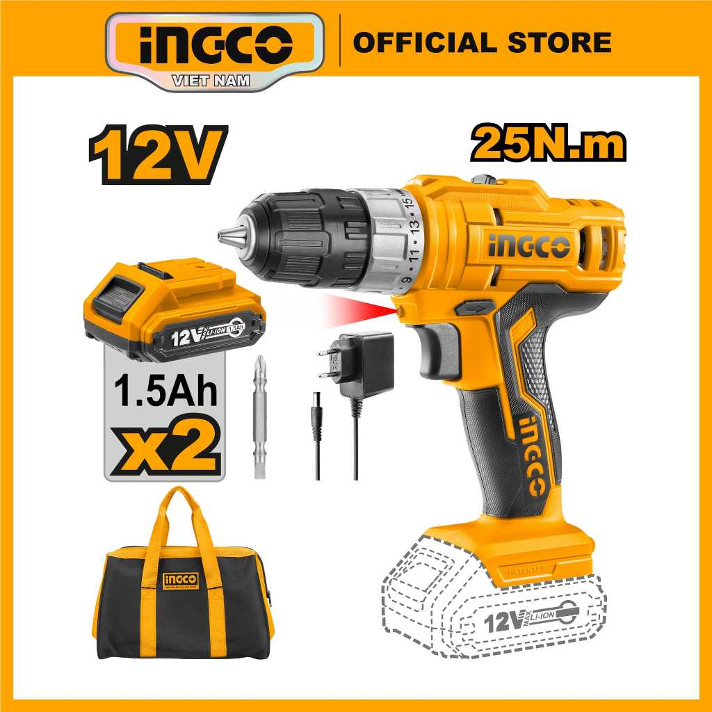 Ảnh Máy khoan pin 12V INGCO CDLI1222 25NM tốc độ không tải đến1350/min nhông 2 tốc độ kèm 2 pin 1 sạc 1