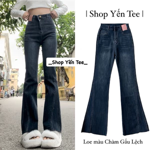 Quần jeans loe gấu lệch Yến Tee , màu xanh chàm đậm tôn da mặc đi học , đi chơi #10042