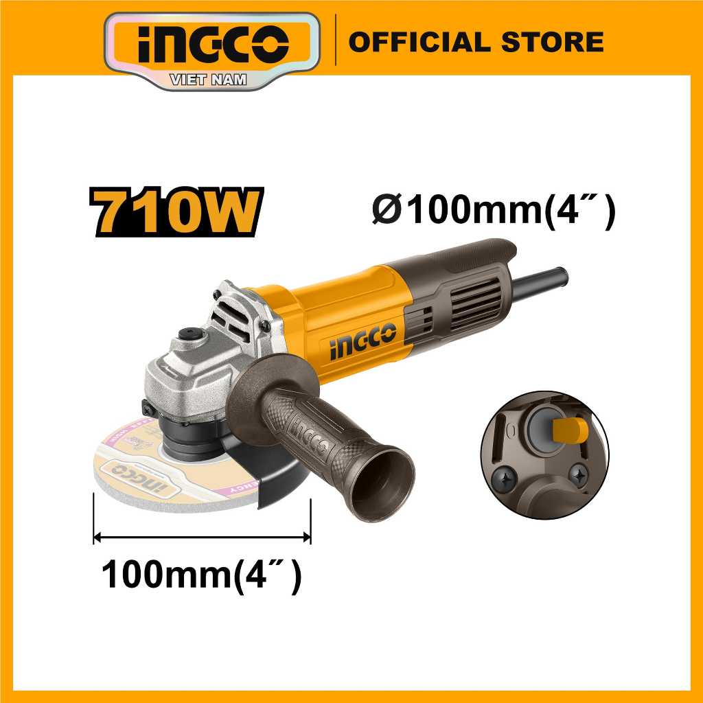 Ảnh Máy mài góc 750W công tắt đuôi INGCO AG750282 | AG900282 900W | AG1100382 1100W | AG71182 710W đĩa 100mm, trục chính M10 1