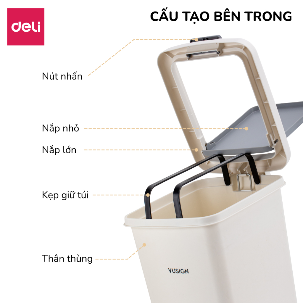 Thùng rác đạp chân hình chữ nhật 10,15L Deli Thùng rác có nắp ấn mở chống mùi sọt rác để phòng khách phòng ngủ