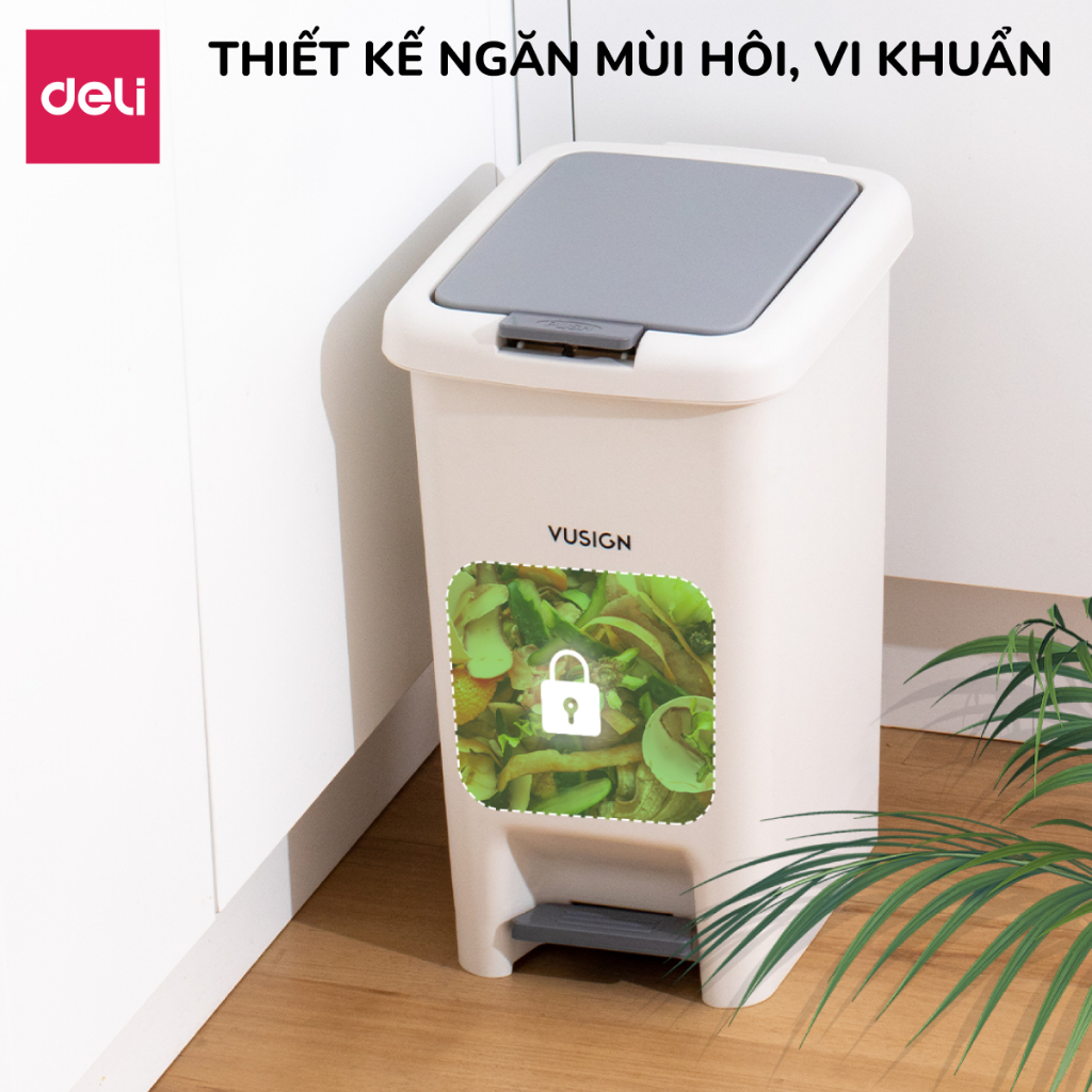 Thùng rác đạp chân hình chữ nhật 10,15L Deli Thùng rác có nắp ấn mở chống mùi sọt rác để phòng khách phòng ngủ