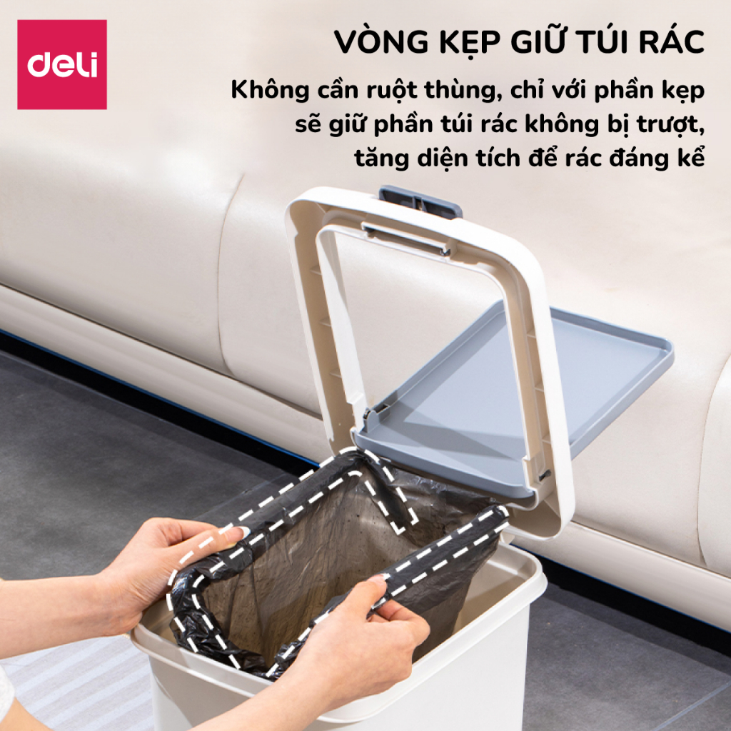 Thùng rác đạp chân hình chữ nhật 10,15L Deli Thùng rác có nắp ấn mở chống mùi sọt rác để phòng khách phòng ngủ