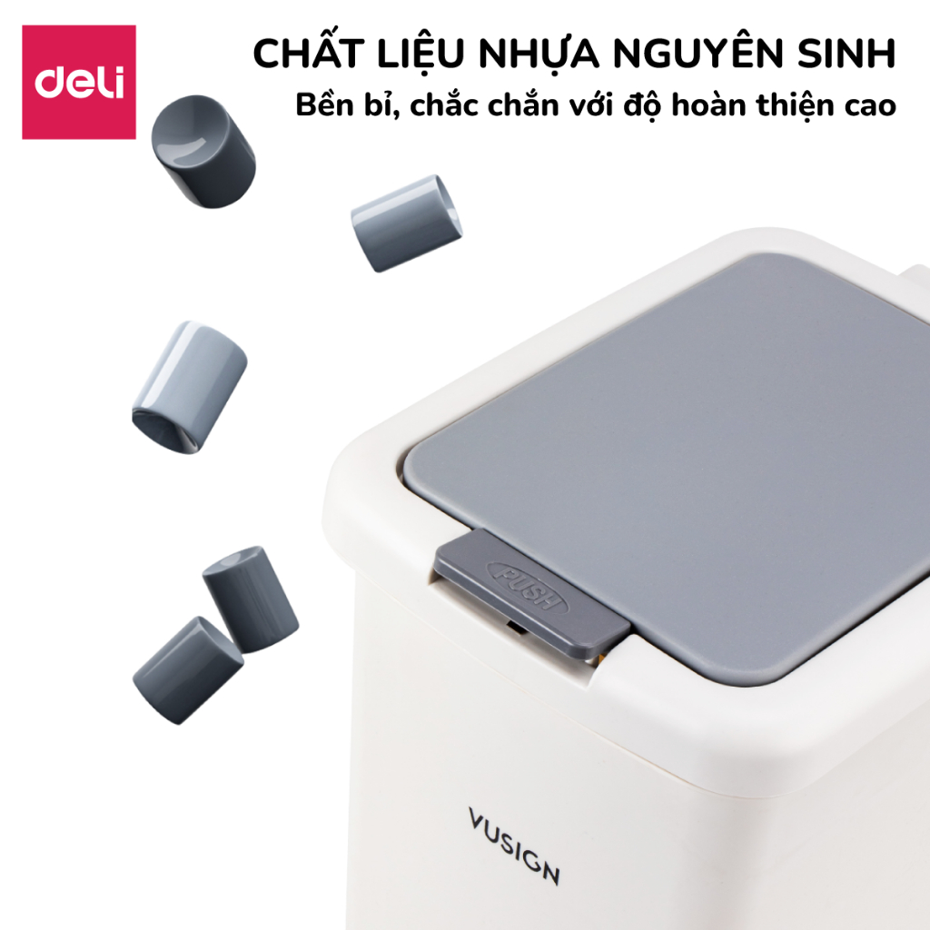 Thùng rác đạp chân hình chữ nhật 10,15L Deli Thùng rác có nắp ấn mở chống mùi sọt rác để phòng khách phòng ngủ